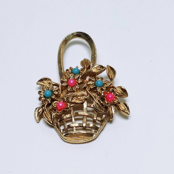 Vintage Flower Basket Brooch 2" Gold Flower Pinks & Blue Beads (jb3) - Picture 3 of 4